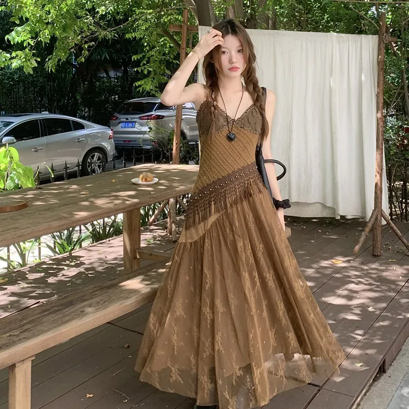 TIBINB Slip Dresses Women's Vintage Brown Slip Dress-3