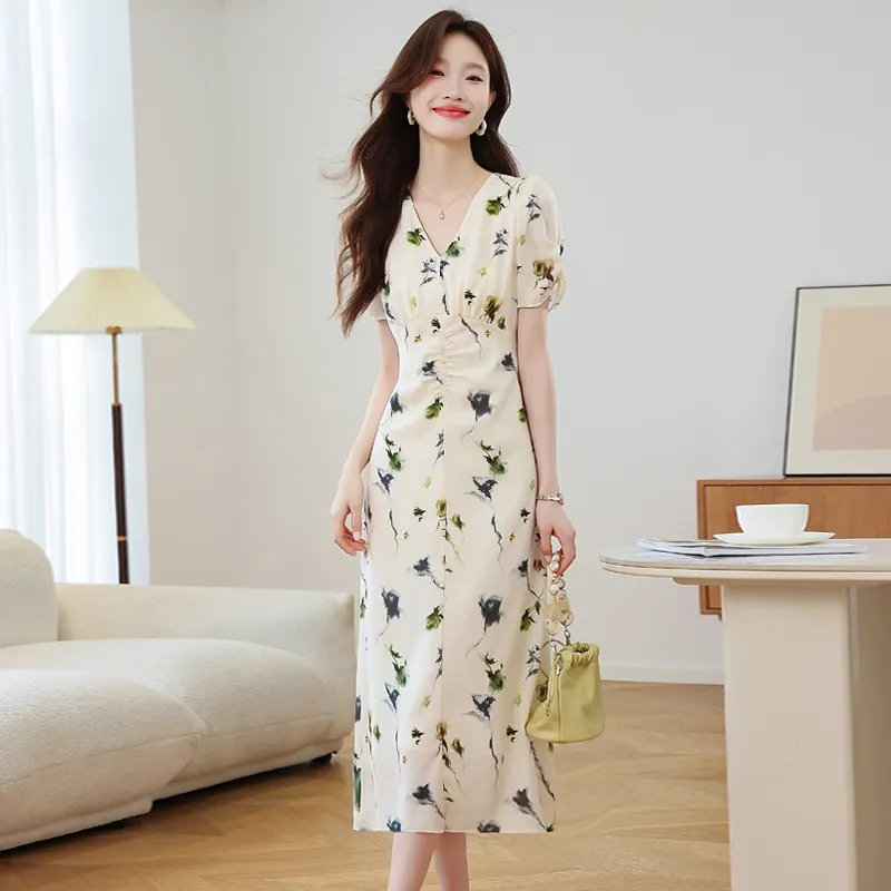 TIBINB Short Sleeved Dresses Women's Beige Base Color-3