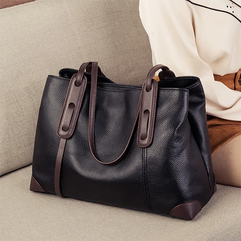 Kevin Cohen Cow Leather With Synthetic Leather Handbag, Shoulder Bag Medium Size Women's Black & Coffee/Black-1