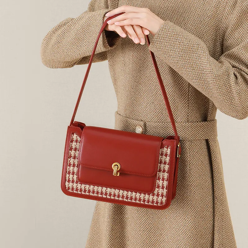 Kevin Cohen Cow Split Leather With Fabric Shoulder Bag Women's Red-4