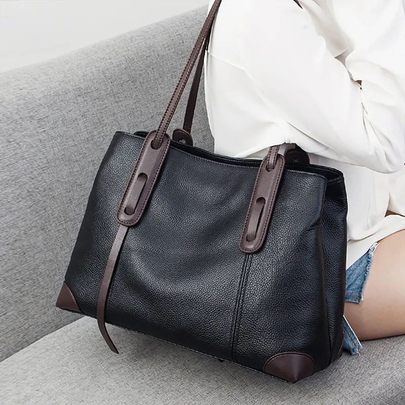 Kevin Cohen Cow Leather With Synthetic Leather Handbag, Shoulder Bag Medium Size Women's Black & Coffee/Black-2