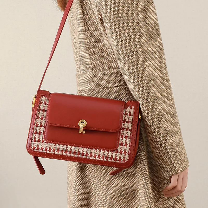 Kevin Cohen Cow Split Leather With Fabric Shoulder Bag Women's Red-2