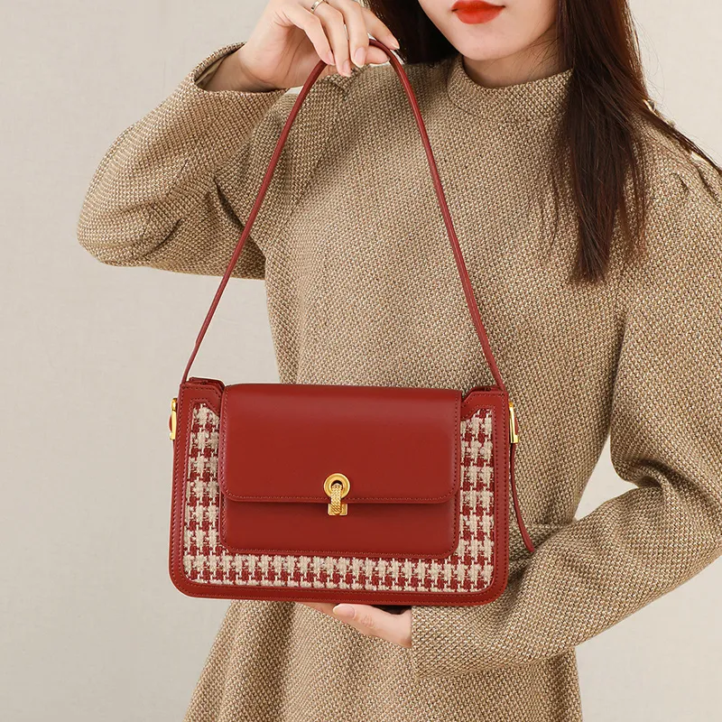 Kevin Cohen Cow Split Leather With Fabric Shoulder Bag Women's Red-5