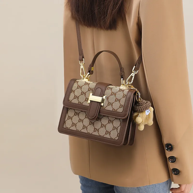Kevin Cohen Fabric, Synthetic Leather Small Square Bag, Handbag, Shoulder Bag, Crossbody Bag Regular Women's Dark Brown-3