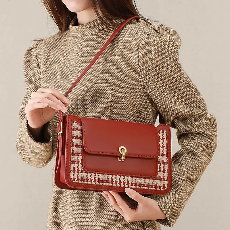 Kevin Cohen Cow Split Leather With Fabric Shoulder Bag Women's Red-3