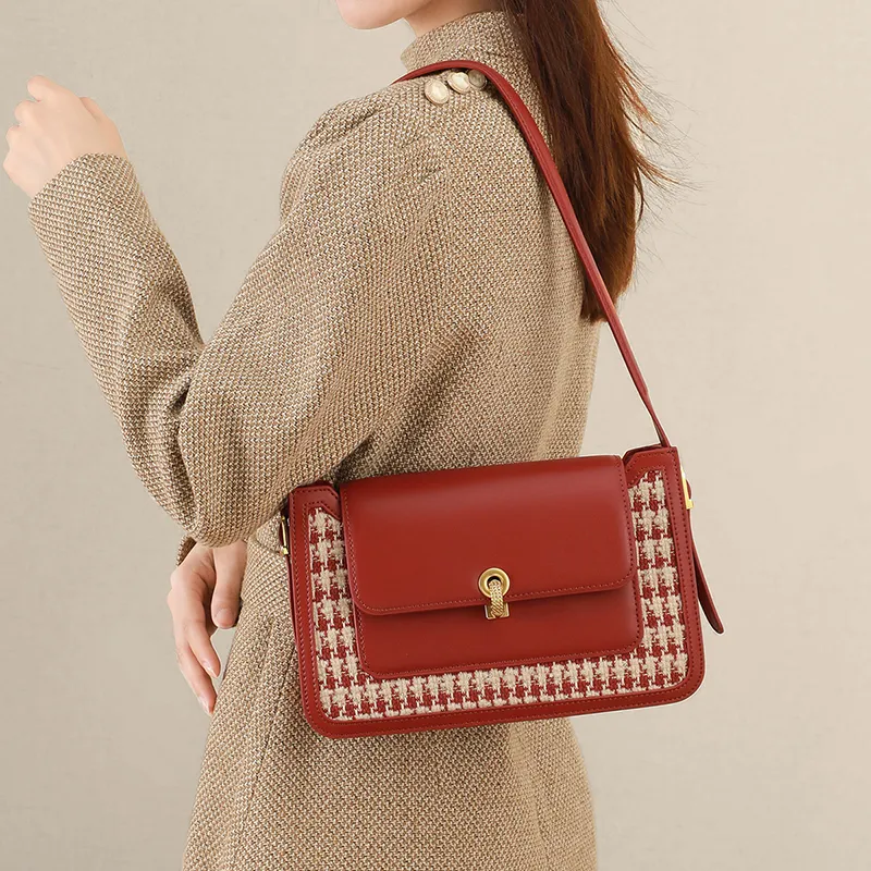 Kevin Cohen Cow Split Leather With Fabric Shoulder Bag Women's Red-1
