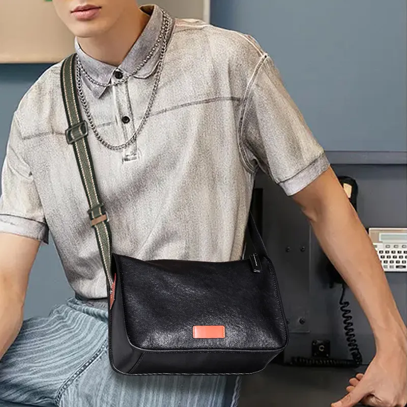 PESASRIE Genuine Cow Leather Messenger Bag, Shoulder Bag, Crossbody Bag Men's Black-7