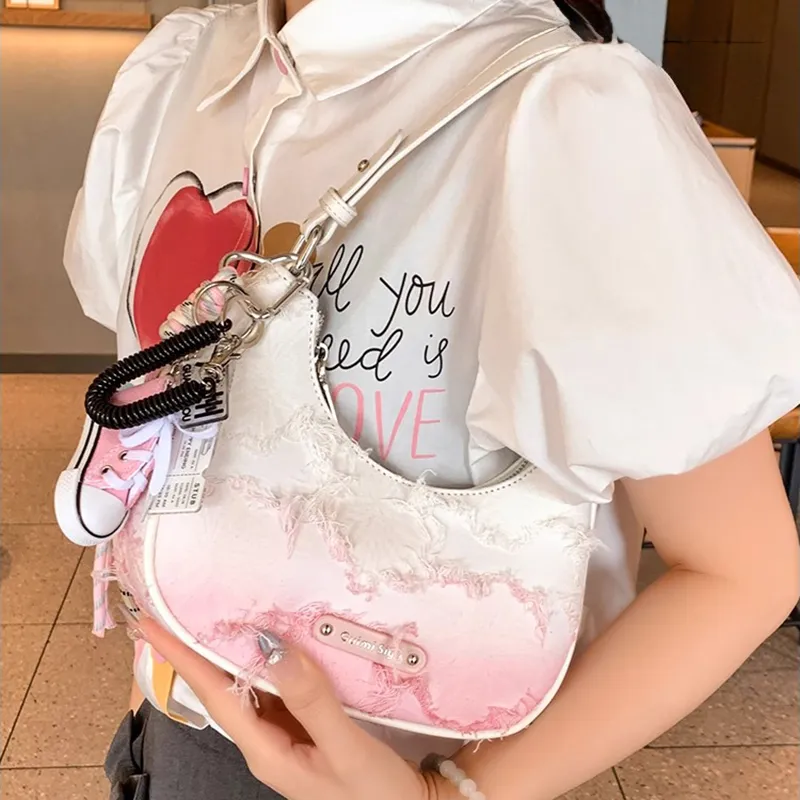 PESASRIE PU Underarm Shoulder Bag Women's White Pink Gradient-3