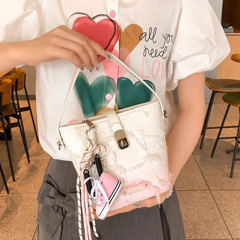 PESASRIE PU Bucket Bag, Crossbody, One Shoulder Handbag Regular Women's White Pink Gradient-4