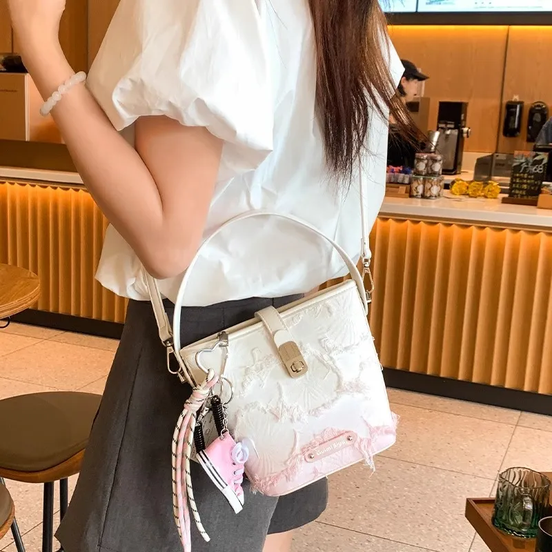PESASRIE PU Bucket Bag, Crossbody, One Shoulder Handbag Regular Women's White Pink Gradient-2