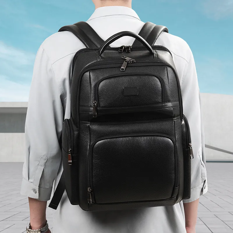 PESASRIE Cow Leather Backpack Men's Black-3