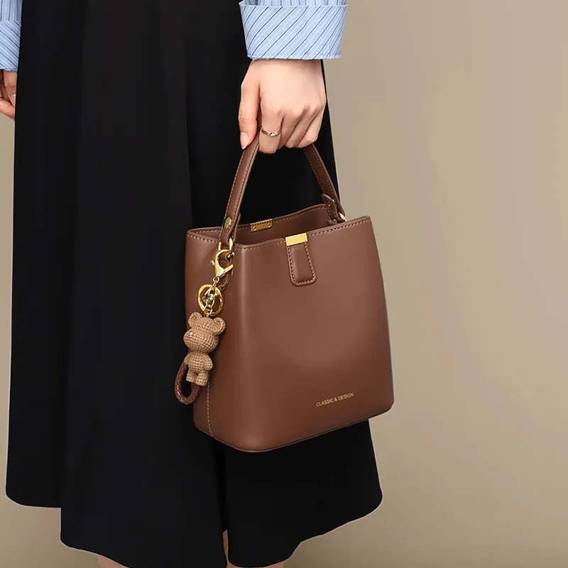 PESASRIE Cow Leather Bucket Bags Shoulder Bag Crossbody Bag Handbag Regular Women's Milkshake White/Caramel Brown-5