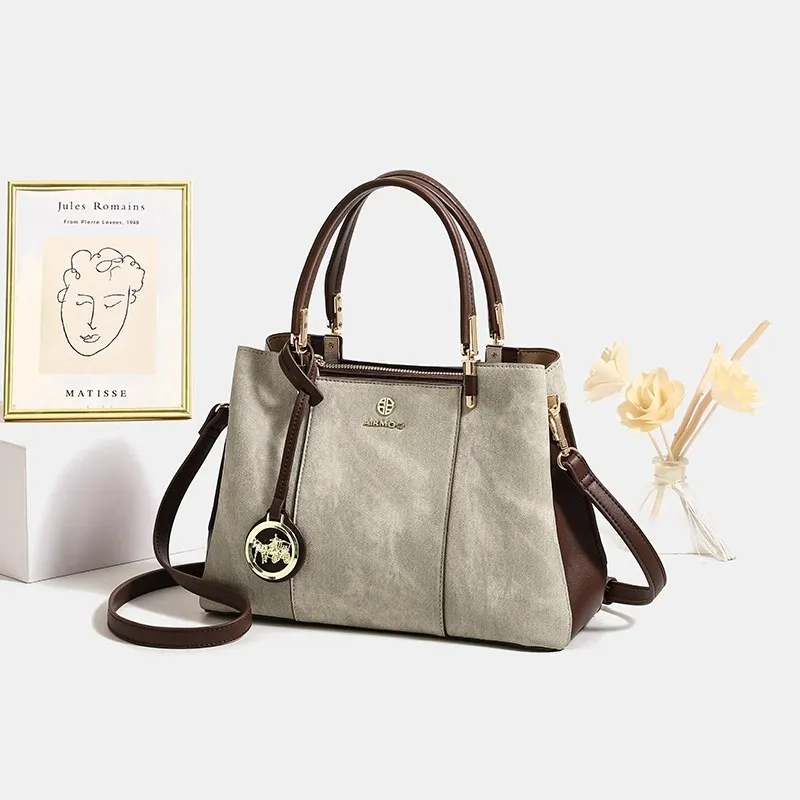 PESASRIE Microfiber Synthetic Leather Handbag Regular Women's Beige Green-3