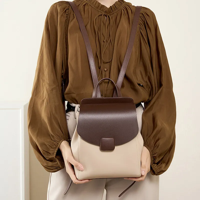PESASRIE Cow Leather Backpack Regular Women's Beige & Brown-2