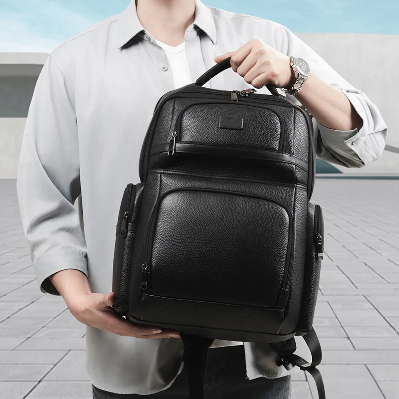 PESASRIE Cow Leather Backpack Men's Black-1