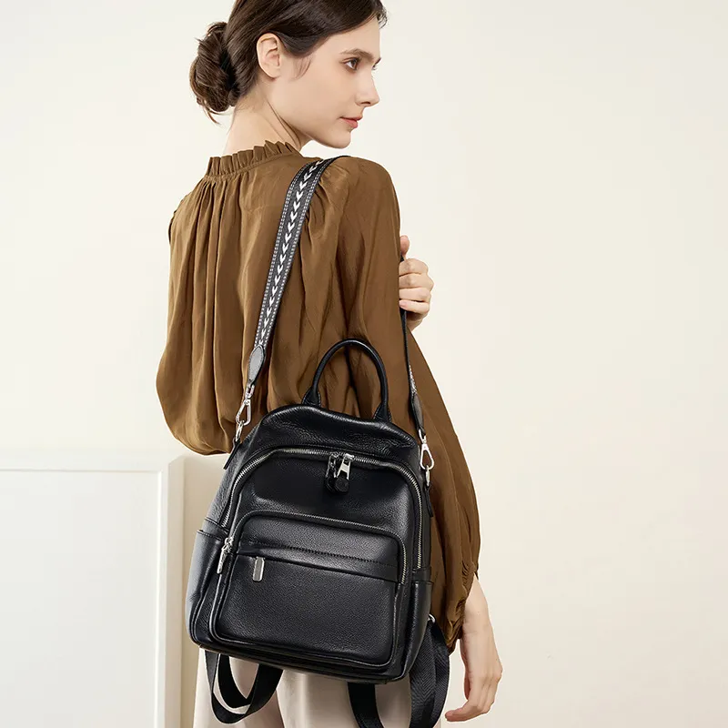 PESASRIE Cow Leather Backpack Women's Black/Gray/Light Blue-2