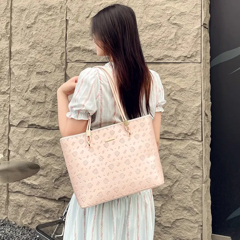 PESASRIE PU Tote Bag, Shopping Bag, Shoulder Bag Regular Women's Ecru/Light Pink-6