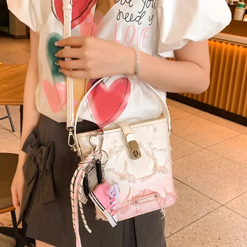 PESASRIE PU Bucket Bag, Crossbody, One Shoulder Handbag Regular Women's White Pink Gradient-1