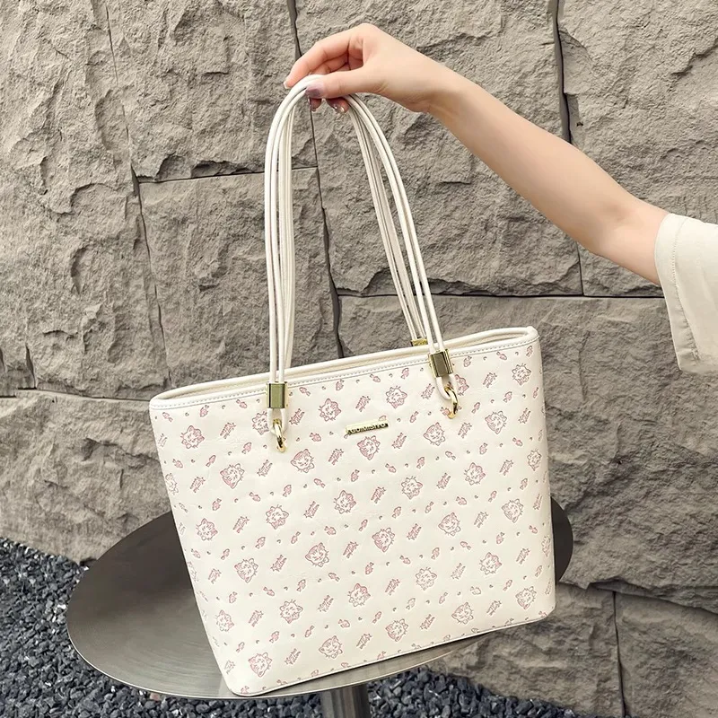 PESASRIE PU Tote Bag, Shopping Bag, Shoulder Bag Regular Women's Ecru/Light Pink-3