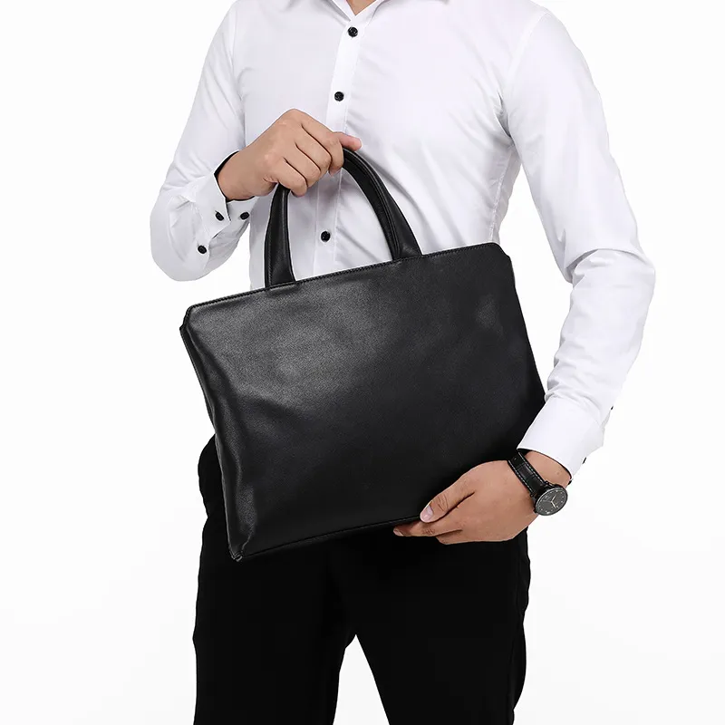 PESASRIE Top Grain Cow Leather Portable Briefcase Men's Black-1