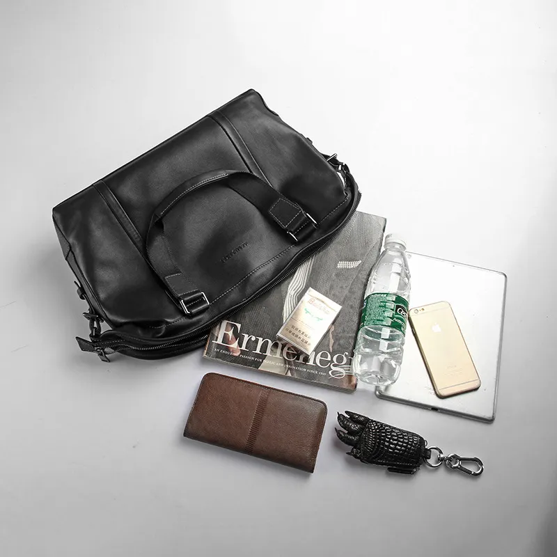 PESASRIE Top Grain Cow Leather Handbag Briefcase Men's Black-3