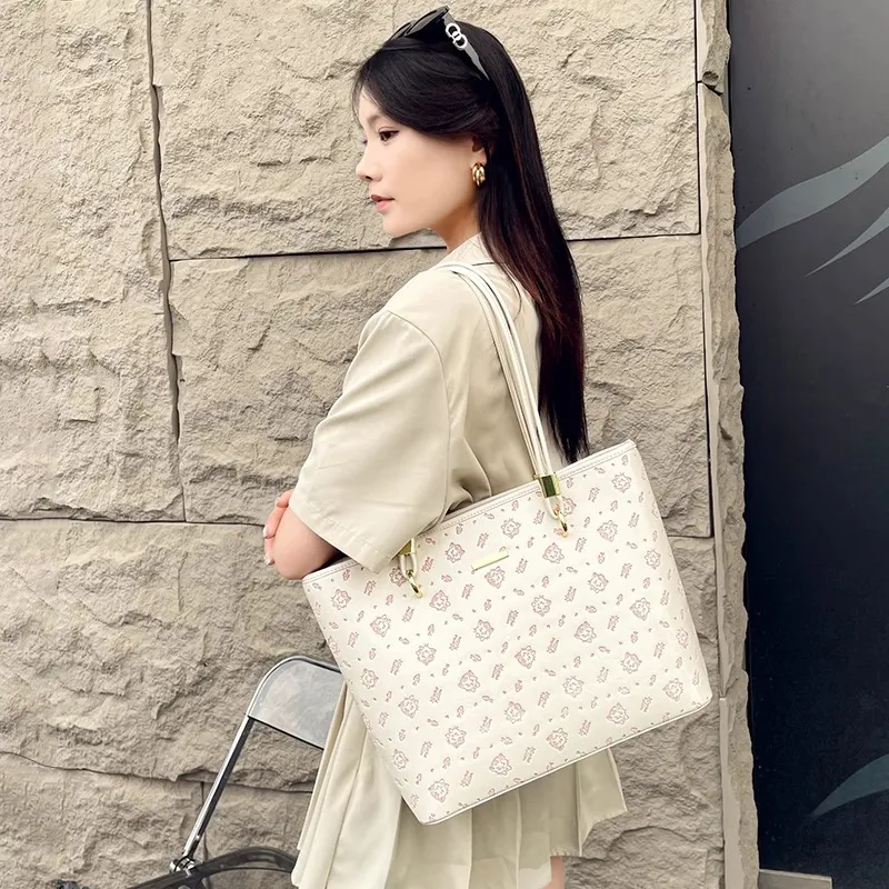 PESASRIE PU Tote Bag, Shopping Bag, Shoulder Bag Regular Women's Ecru/Light Pink-2