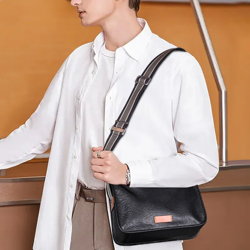 PESASRIE Genuine Cow Leather Messenger Bag, Shoulder Bag, Crossbody Bag Men's Black-6