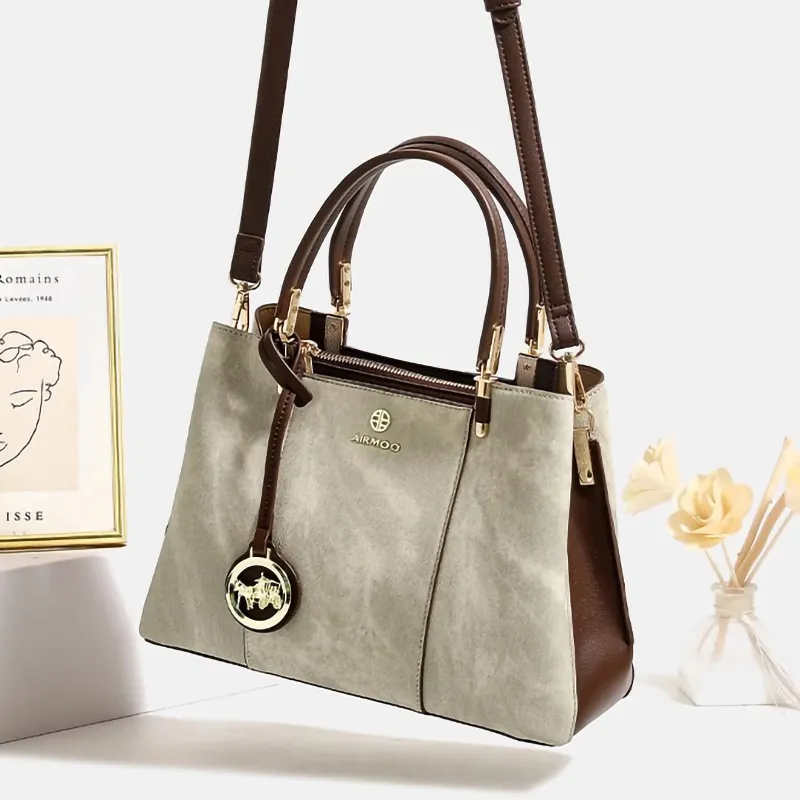 PESASRIE Microfiber Synthetic Leather Handbag Regular Women's Beige Green-6