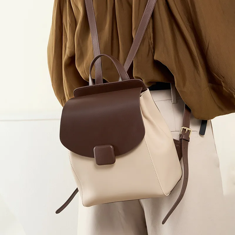 PESASRIE Cow Leather Backpack Regular Women's Beige & Brown-6