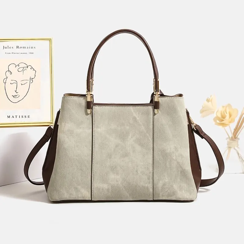 PESASRIE Microfiber Synthetic Leather Handbag Regular Women's Beige Green-7