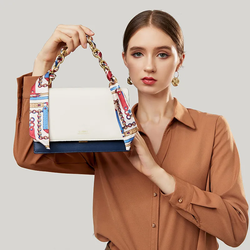 PESASRIE Top Grain Cow Leather Small Square Bag, Crossbody, One Shoulder Handbag Women's Beige White & Blue-1