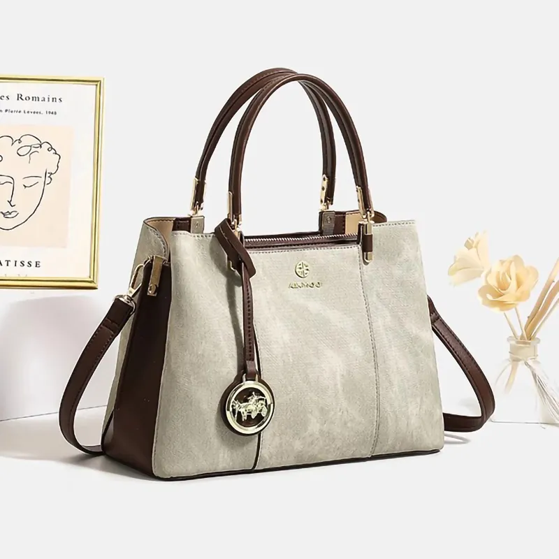 PESASRIE Microfiber Synthetic Leather Handbag Regular Women's Beige Green-4