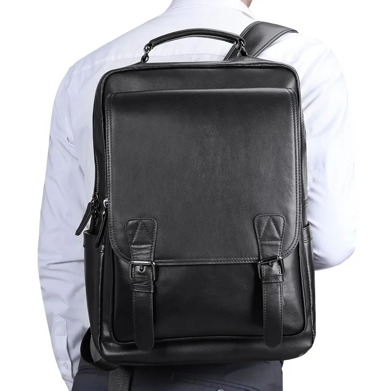 PESASRIE Top Grain Cow Leather Backpack Regular Men's Black-1