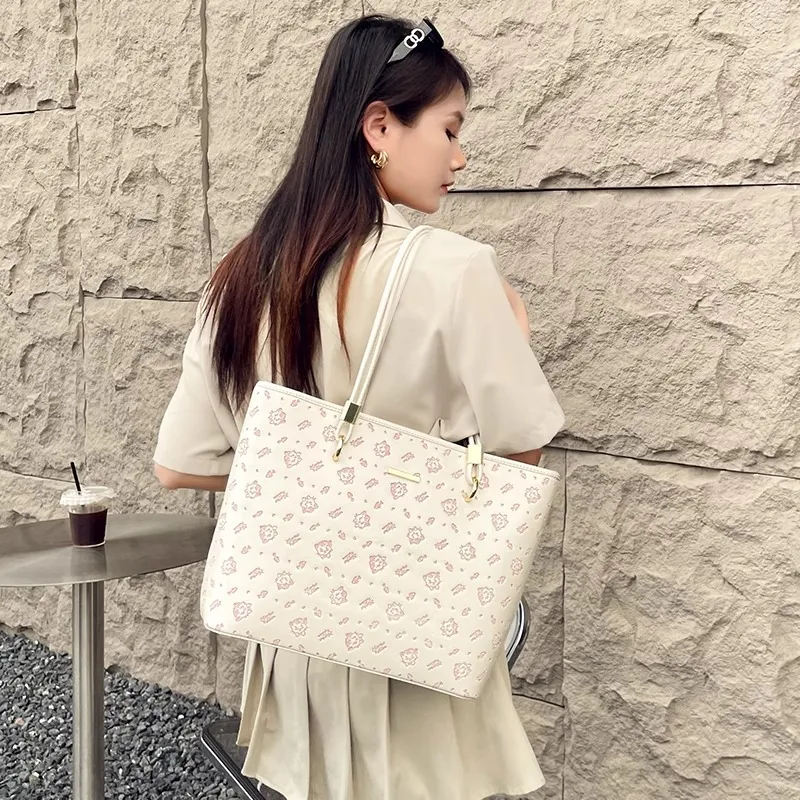 PESASRIE PU Tote Bag, Shopping Bag, Shoulder Bag Regular Women's Ecru/Light Pink-1