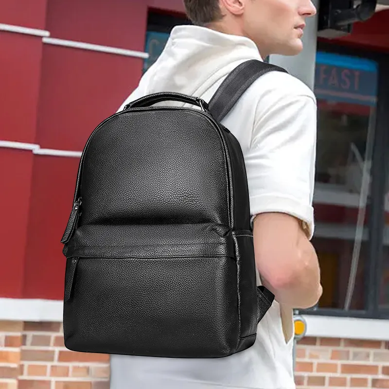PESASRIE Top Grain Cow Leather Backpack Men's Black-1