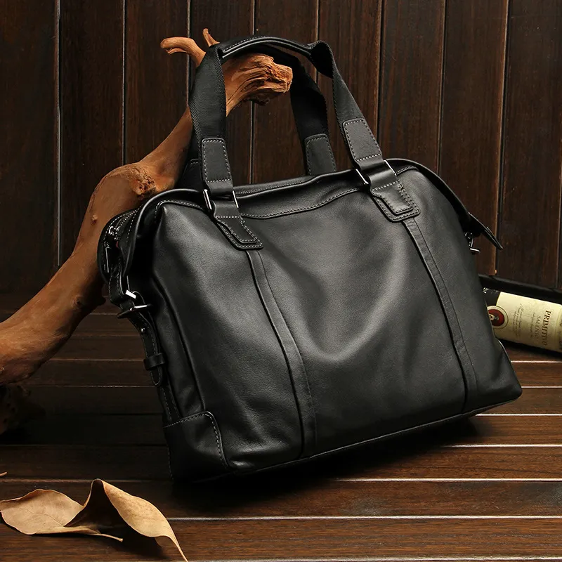PESASRIE Top Grain Cow Leather Handbag Briefcase Men's Black-1