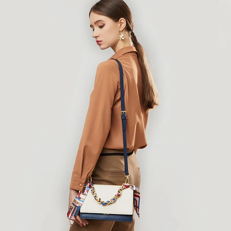 PESASRIE Top Grain Cow Leather Small Square Bag, Crossbody, One Shoulder Handbag Women's Beige White & Blue-3