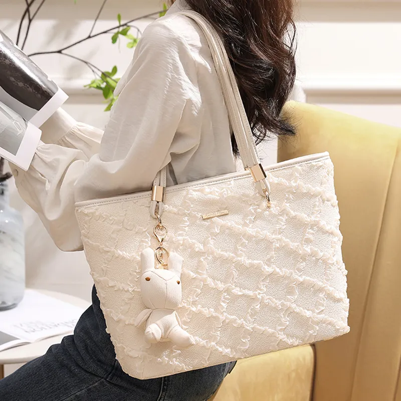PESASRIE PU Tote Bag Shopping Bag Shoulder Bags Regular Women's Ecru/Black-5