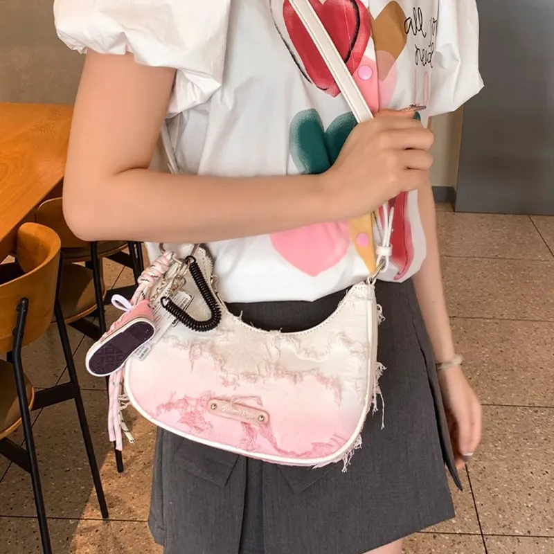 PESASRIE PU Underarm Shoulder Bag Women's White Pink Gradient-5
