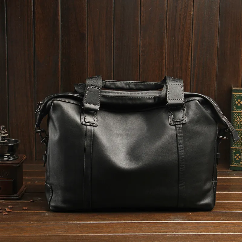 PESASRIE Top Grain Cow Leather Handbag Briefcase Men's Black-2
