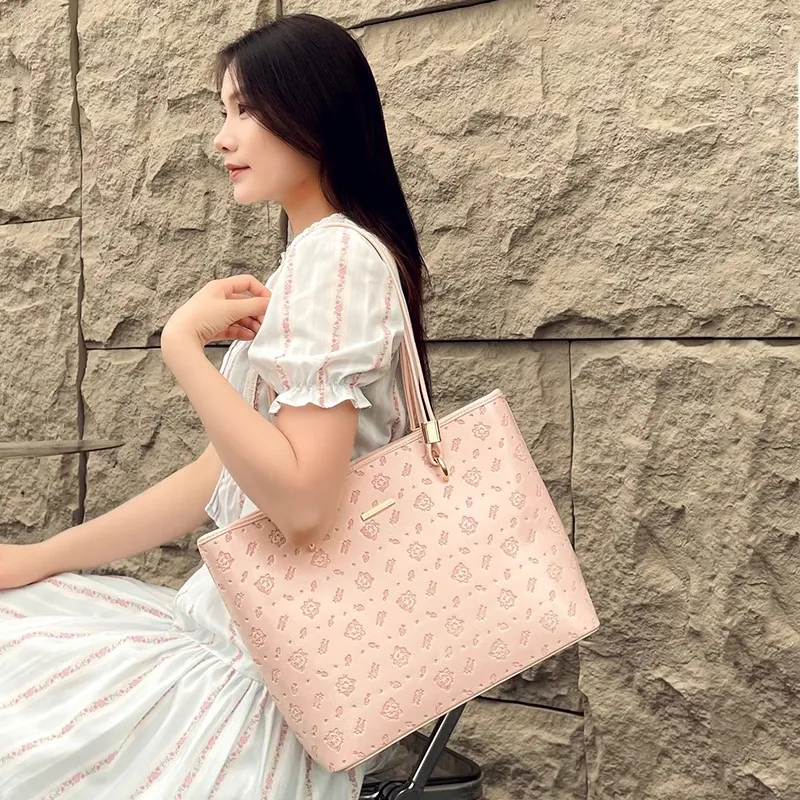 PESASRIE PU Tote Bag, Shopping Bag, Shoulder Bag Regular Women's Ecru/Light Pink-7