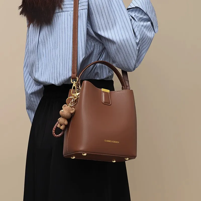 PESASRIE Cow Leather Bucket Bags Shoulder Bag Crossbody Bag Handbag Regular Women's Milkshake White/Caramel Brown-4