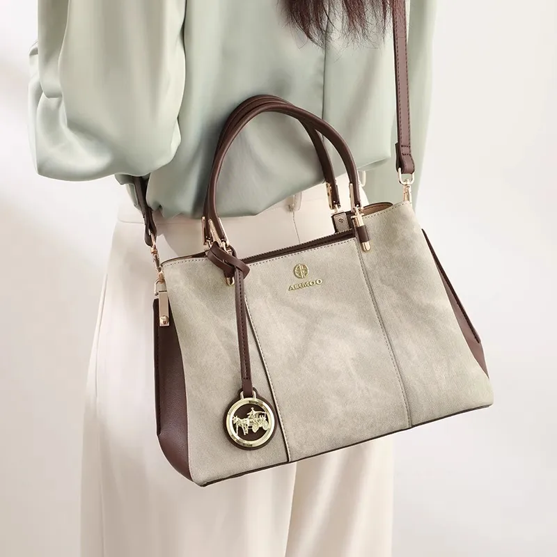PESASRIE Microfiber Synthetic Leather Handbag Regular Women's Beige Green-2