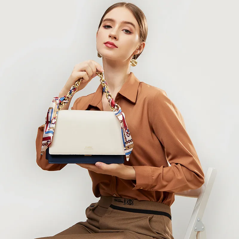 PESASRIE Top Grain Cow Leather Small Square Bag, Crossbody, One Shoulder Handbag Women's Beige White & Blue-2