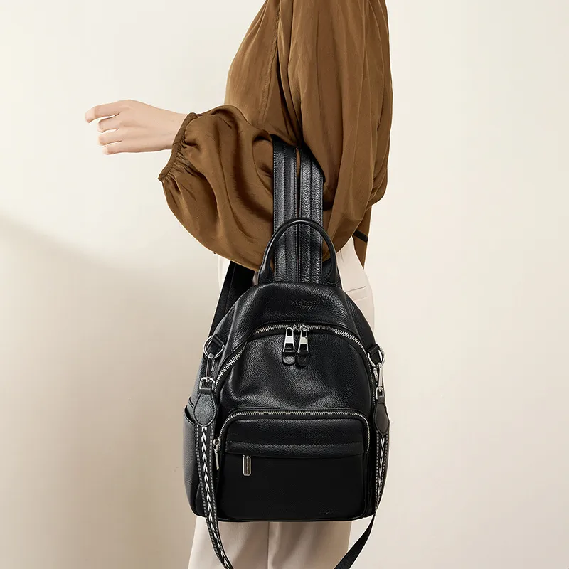 PESASRIE Cow Leather Backpack Women's Black/Gray/Light Blue-4