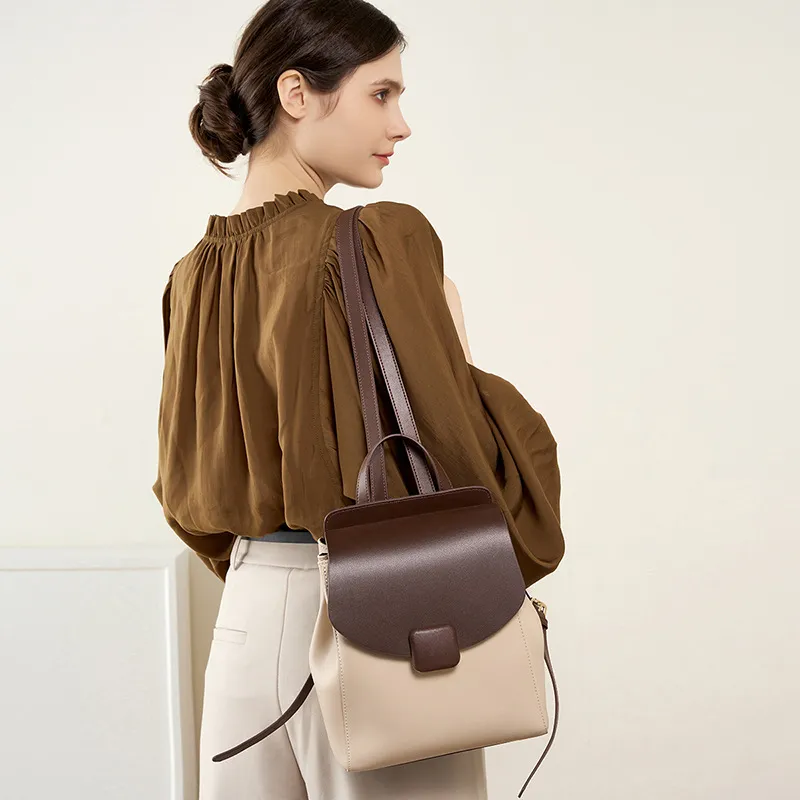 PESASRIE Cow Leather Backpack Regular Women's Beige & Brown-3