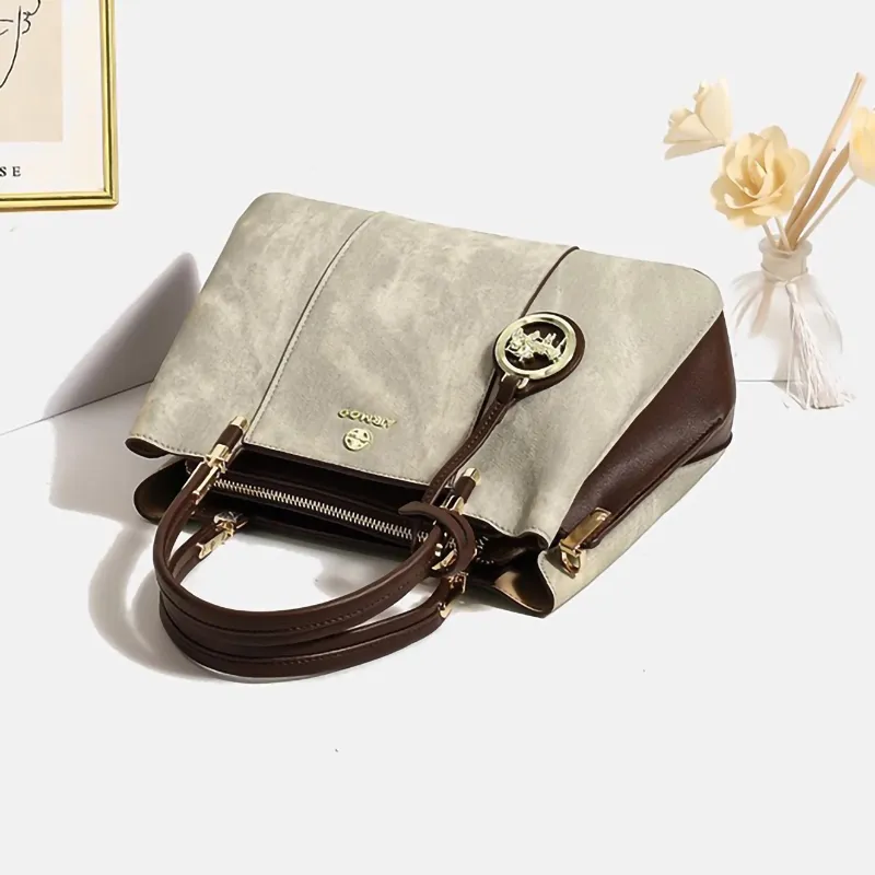 PESASRIE Microfiber Synthetic Leather Handbag Regular Women's Beige Green-5