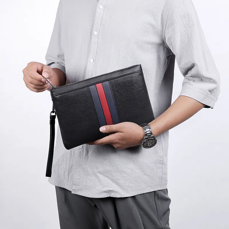 PESASRIE Top Grain Cow Leather Wallets Clutches Men's Black-4
