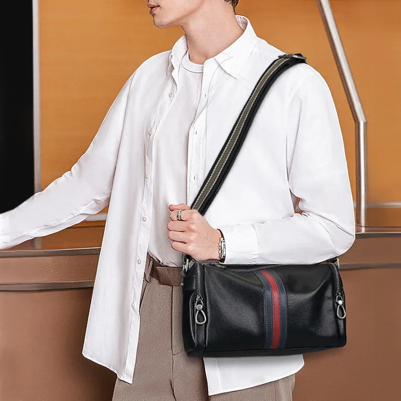 PESASRIE Top Grain Cow Leather Crossbody Bag, Shoulder Bag Men's Black-6