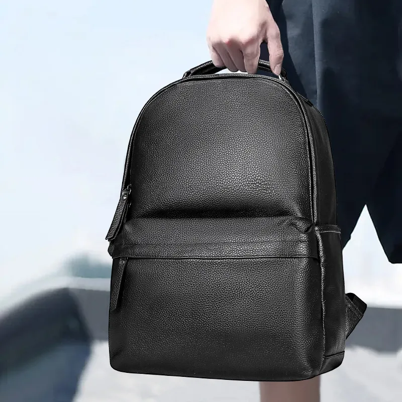 PESASRIE Top Grain Cow Leather Backpack Men's Black-2